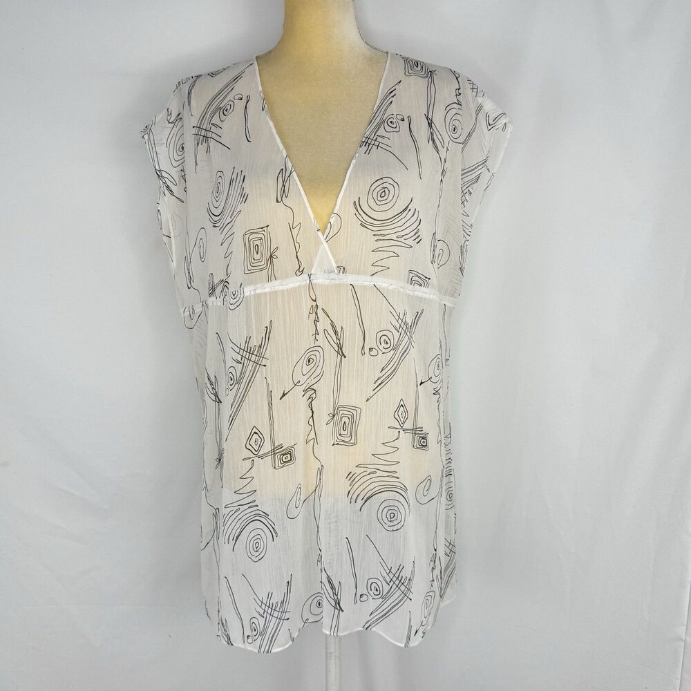 Boho Sheer Abstract Print Tunic Top Size L V-Neck Lightweight Cover Up